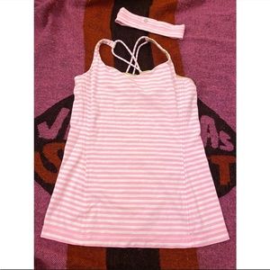 Lululemon pink and white striped Racerback tank top with matching headband